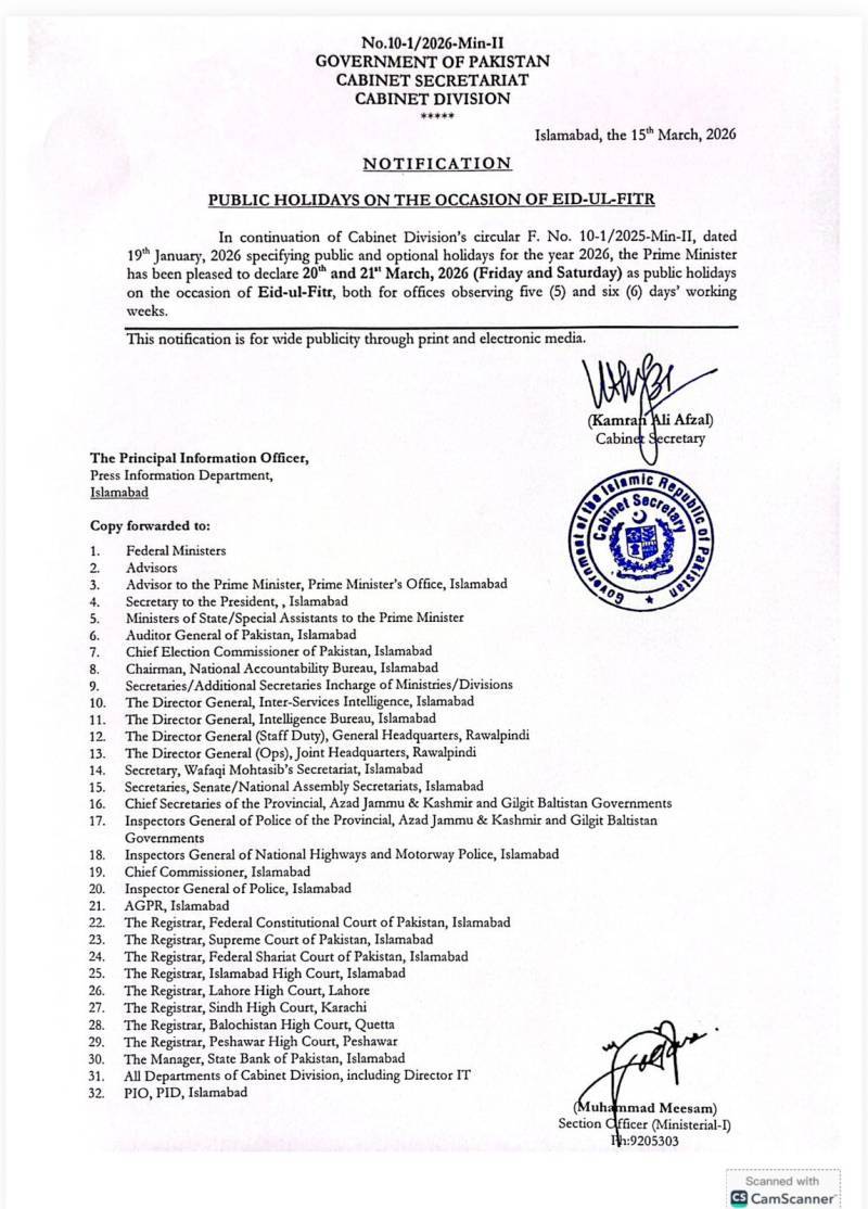 Pakistan Government Announces 4-Day Long Weekend for Eid ul Fitr 2026