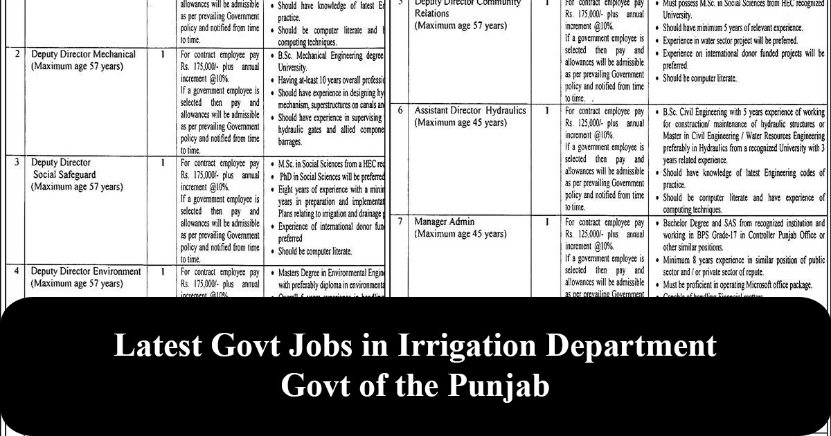 Irrigation Department Govt of the Punjab Jobs Latest 2024